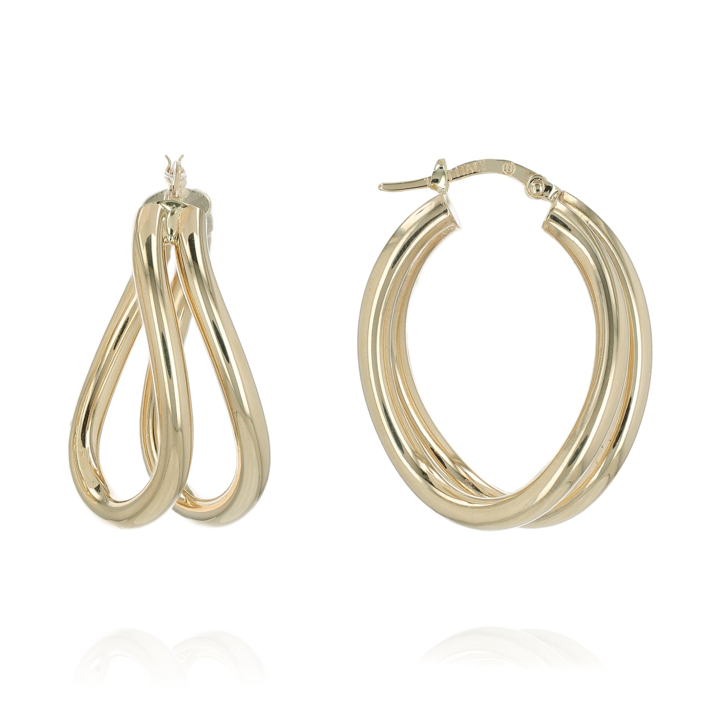 Gold double tube hoop earrings on a white background