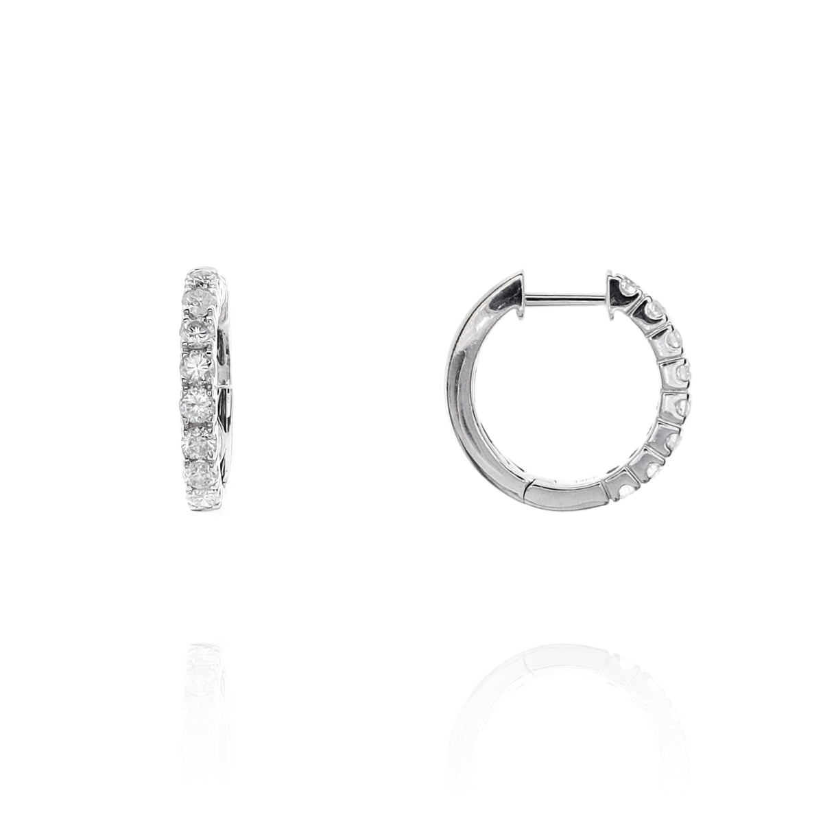 A pair of white gold hoop earrings with small round diamonds set along the front, shown from side and front views on a white background with a soft reflection below.