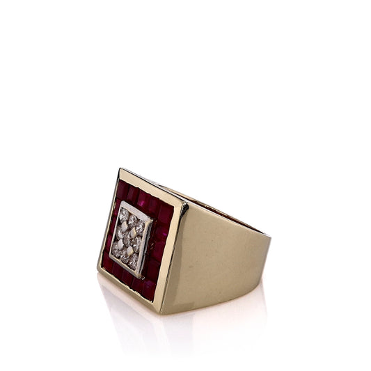 Estate 14k Yellow Gold Gents Diamond Center and Ruby Halo Square Top Ring