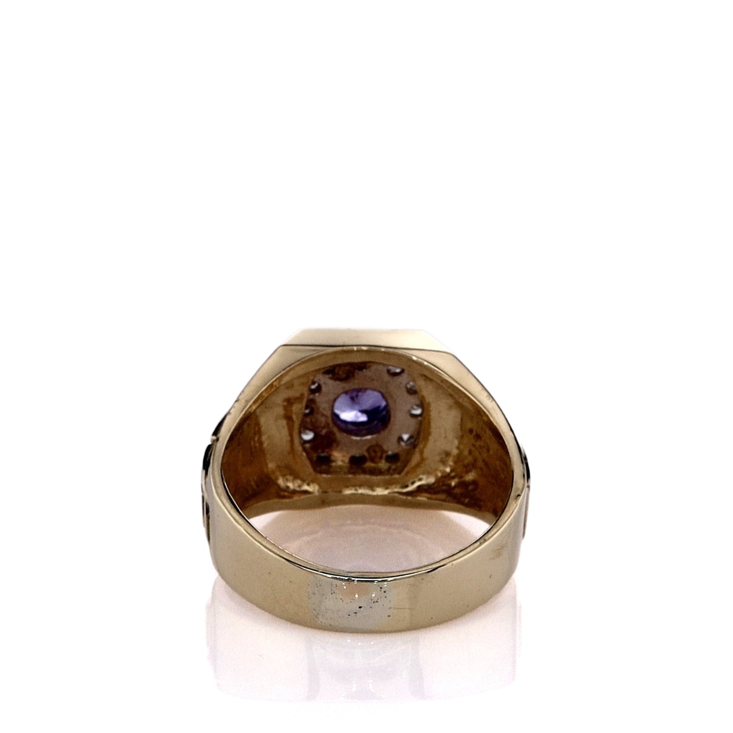 Estate 14k Yellow Gold Gents Greek Key Shank Tanzanite and Diamond Halo Ring