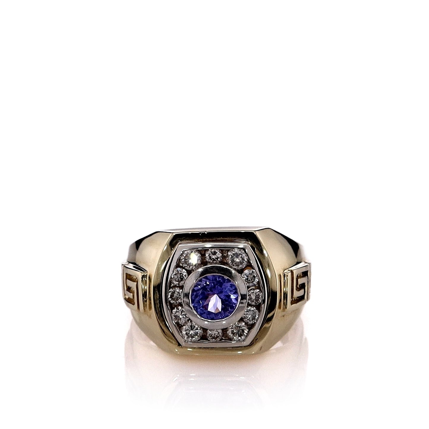 Estate 14k Yellow Gold Gents Greek Key Shank Tanzanite and Diamond Halo Ring