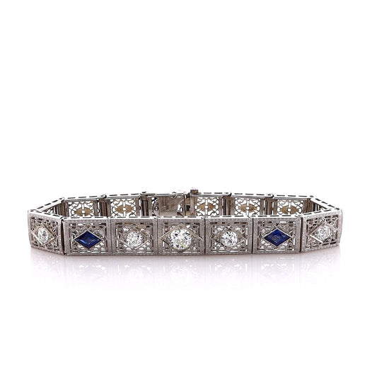 Estate 14 Karat White Gold Diamond and Synthetic Sapphire Bracelet