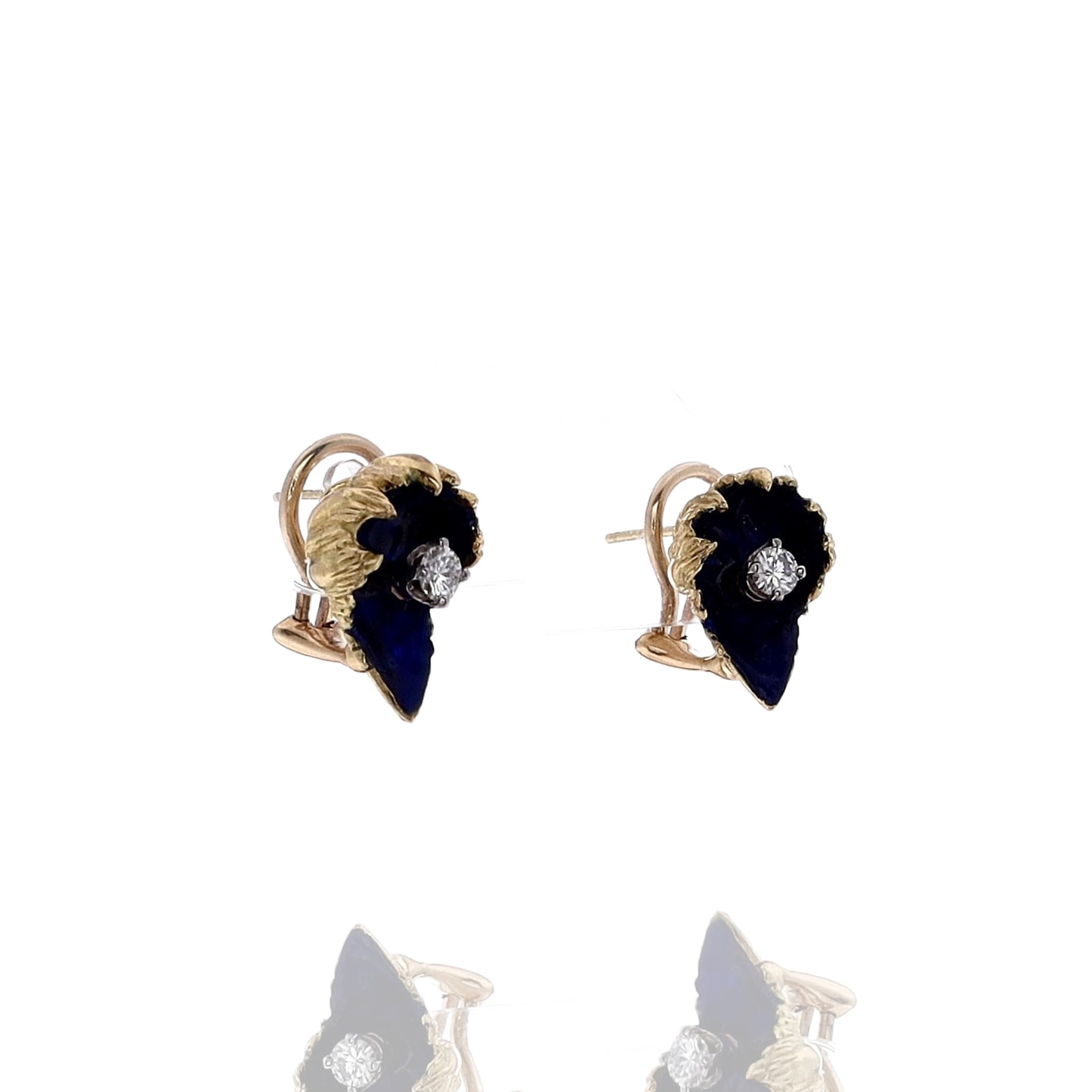 Estate 18k Yellow Gold Diamond Blue Enamel Flower Pod Pierced/Clip-On Earrings