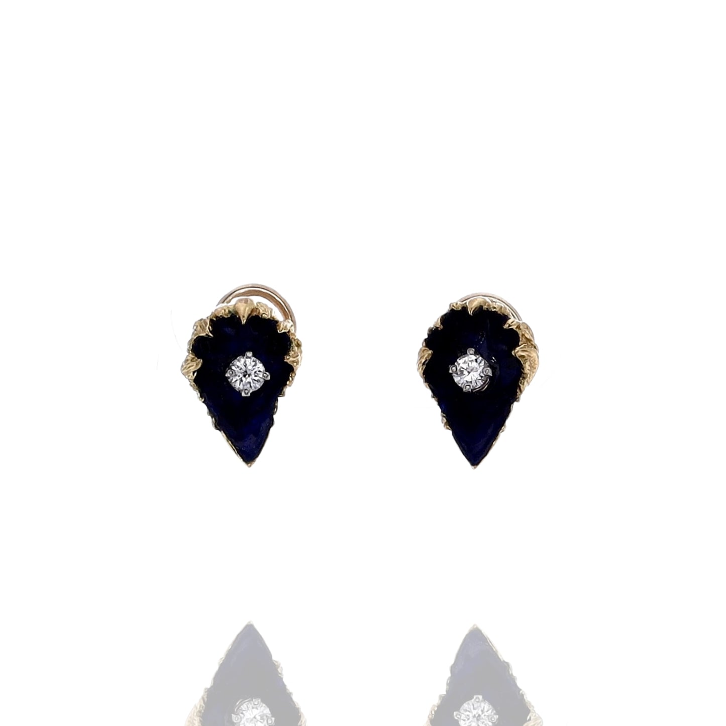 Estate 18k Yellow Gold Diamond Blue Enamel Flower Pod Pierced/Clip-On Earrings