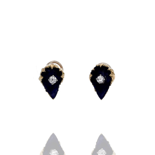 Estate 18k Yellow Gold Diamond Blue Enamel Flower Pod Pierced/Clip-On Earrings