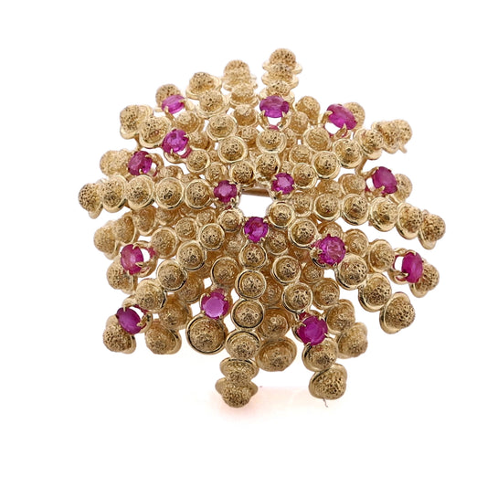 Estate Tiffany and Co 18 Karat Yellow Gold Domed Textured Coral Design Pink Sapphire Pin
