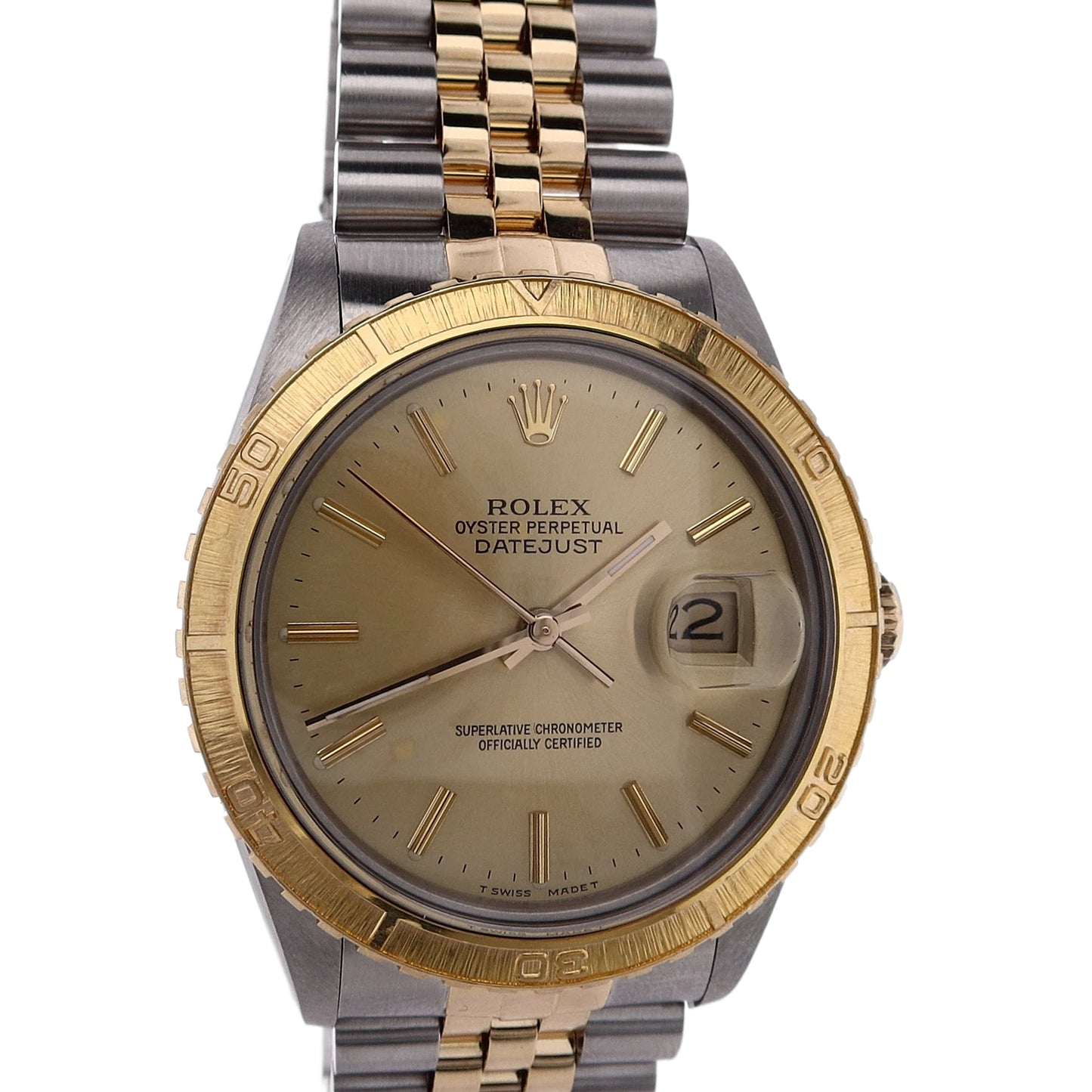 Estate Rolex Two-Tone Gents Oyster Perpetual Date Just Turn-O-Graph Champagne Dial Engine Turned 16253 C.1986 With Box And Paper