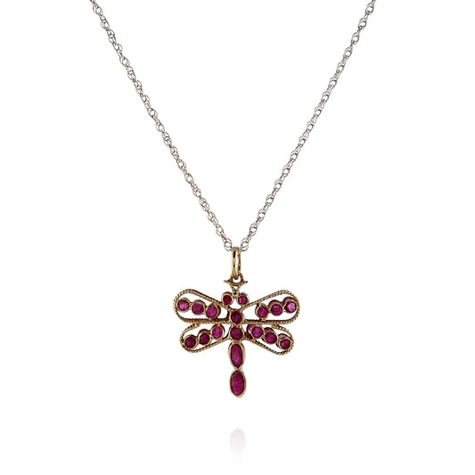 Estate 18k Yellow Gold Rope Border Red Ruby Dragonfly Design Pendant *No Chain*