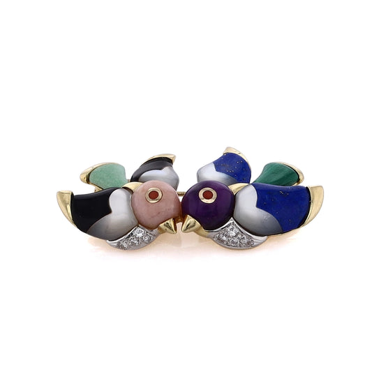 Estate 14 Karat Yellow Gold Double Bird Multi Stone Pin