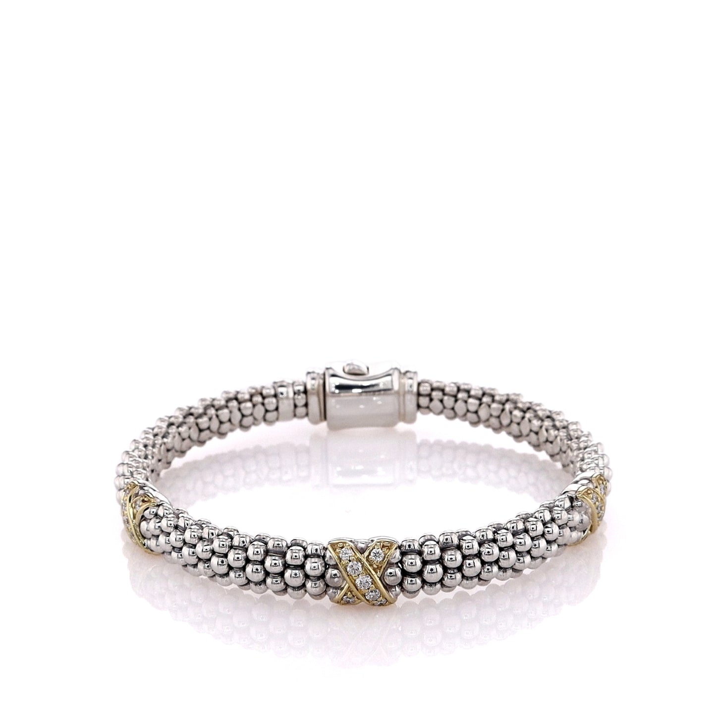 Estate Lagos Two-Tone Three "X" Diamond Station Caviar Bracelet