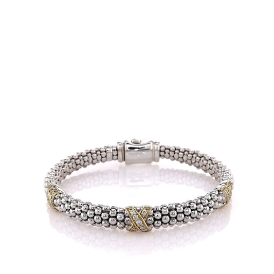 Estate Lagos Two-Tone Three "X" Diamond Station Caviar Bracelet