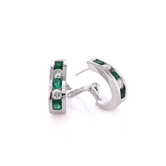 Estate 14 Karat White Gold Diamond and Emerald Omega Backed Hoop Earrings