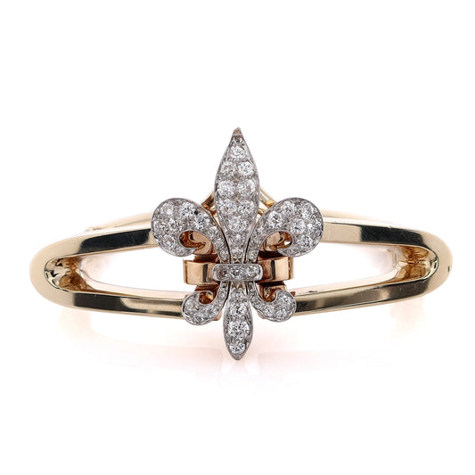 Estate 14 Karat Yellow Gold Fleur De Lis Design Hinged Diamond Bangle Bracelet