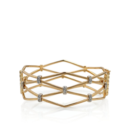 Estate 14k Yellow Gold Lattice Design Diamond Station Hinged Bangle Bracelet