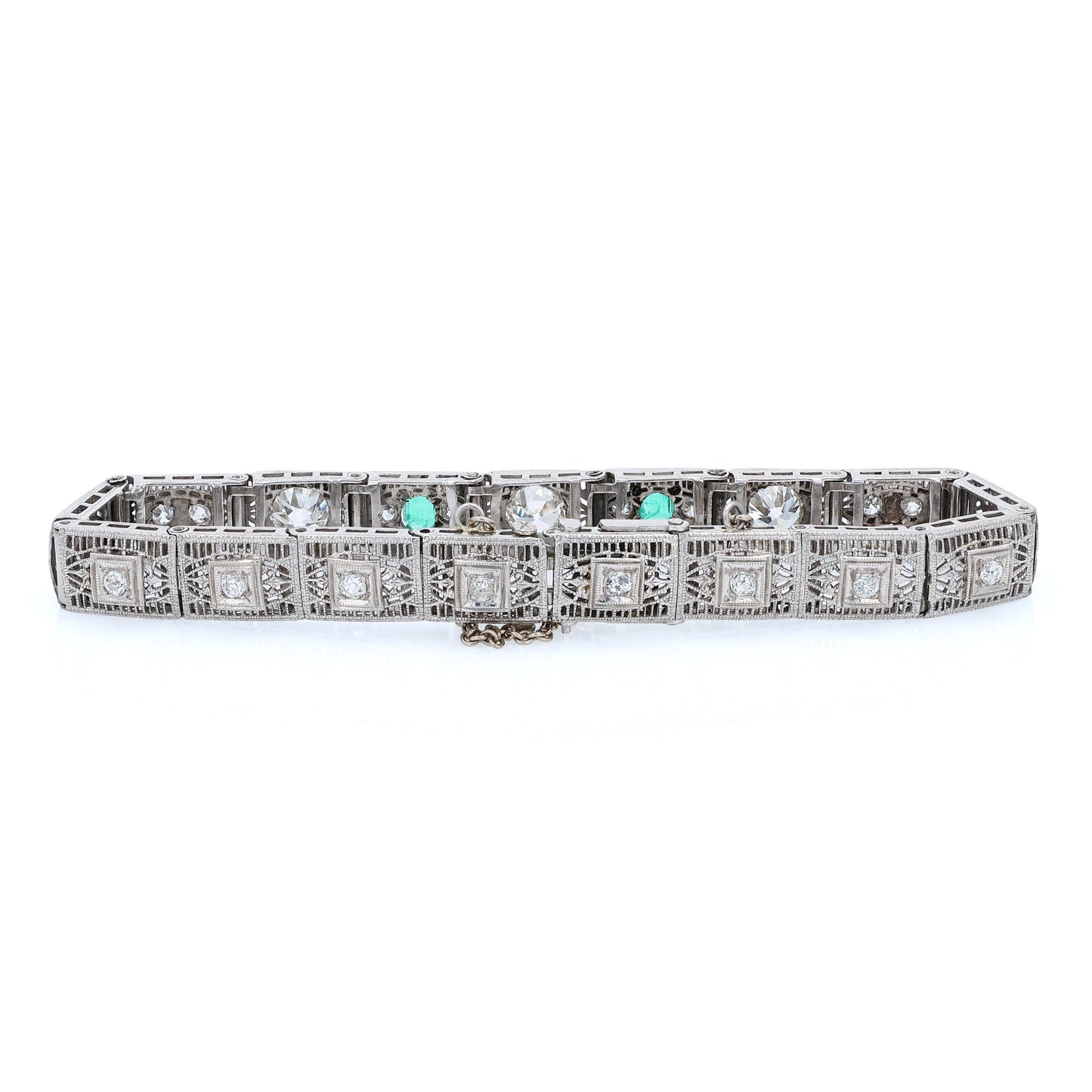 Estate 14k White Gold and Platinum Filigree Emerald and Diamond Bracelet