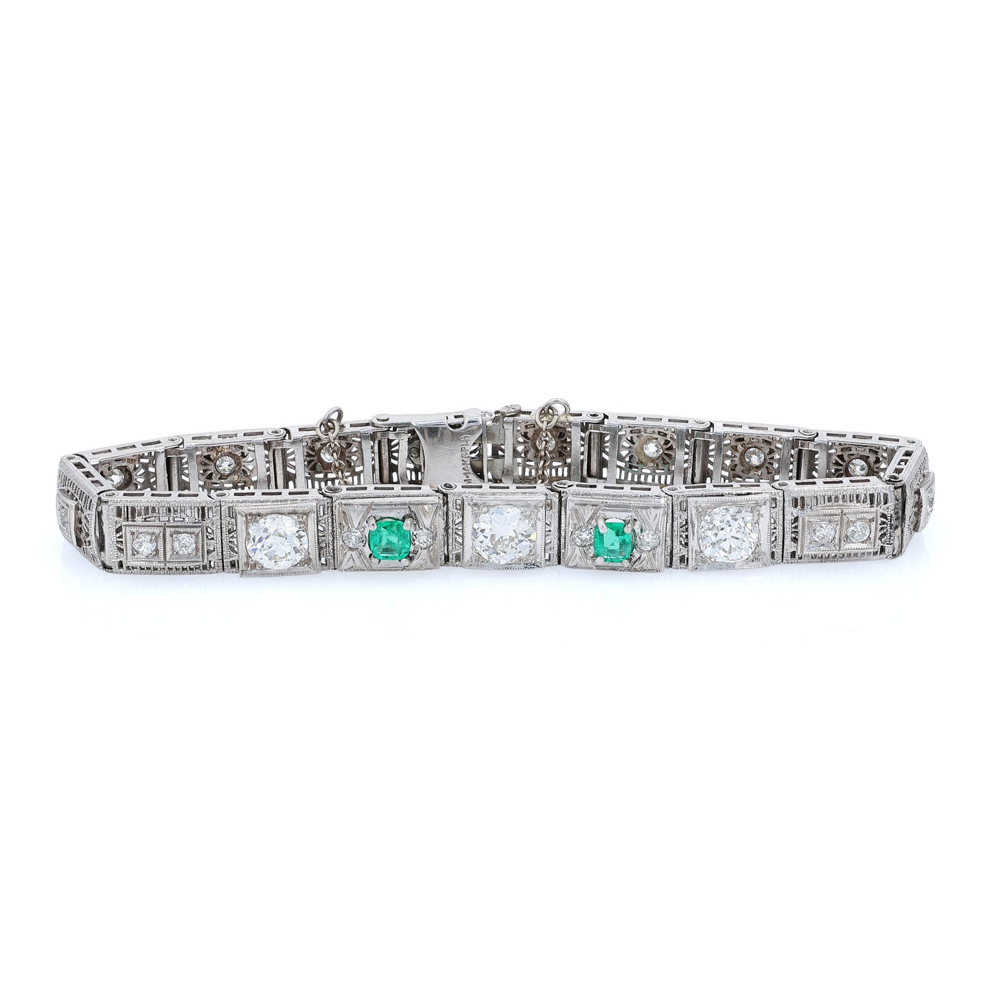 Estate 14k White Gold and Platinum Filigree Emerald and Diamond Bracelet