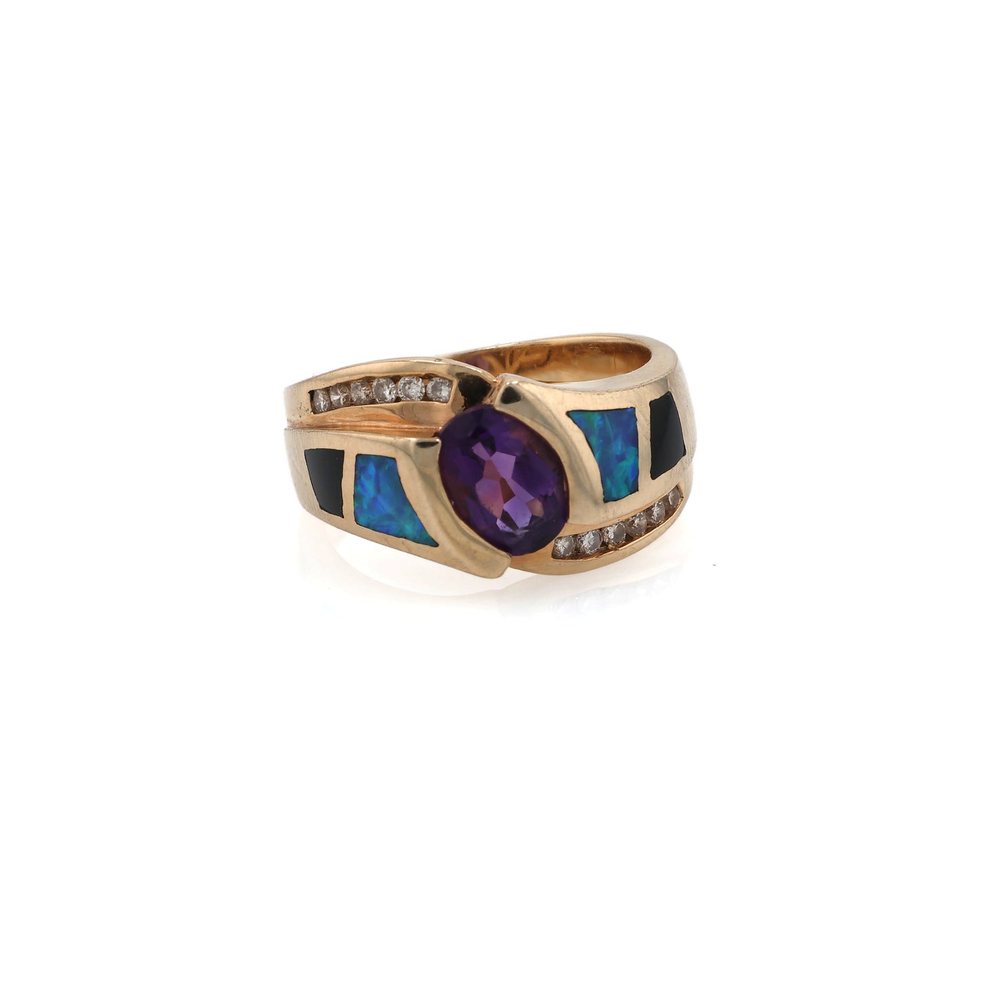 Estate 14 Karat Yellow Gold Amethyst Opal Onyx and Diamond Ring