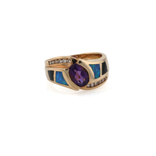 Estate 14 Karat Yellow Gold Amethyst Opal Onyx and Diamond Ring