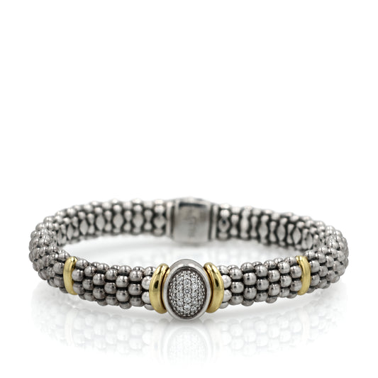Estate Lagos Two-Tone Caviar Oval Pave Diamond Center Bracelet