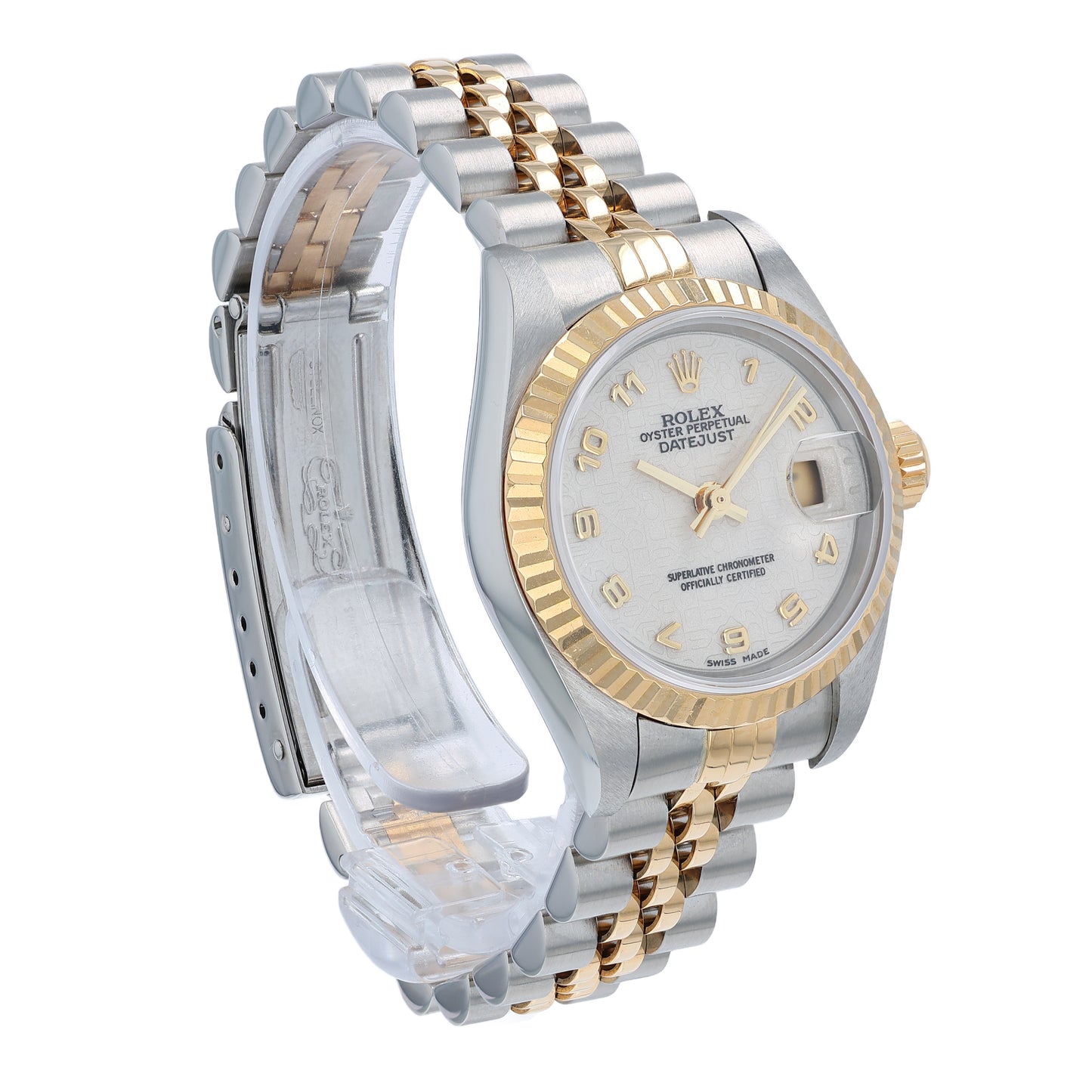 Angle of a two-tone Rolex watch with an ivory dial on  white background