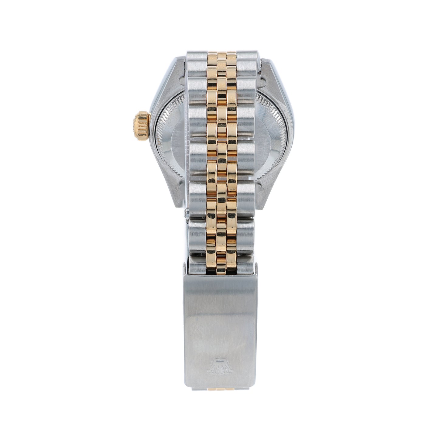 Back angle of a two-tone Rolex watch on a white background