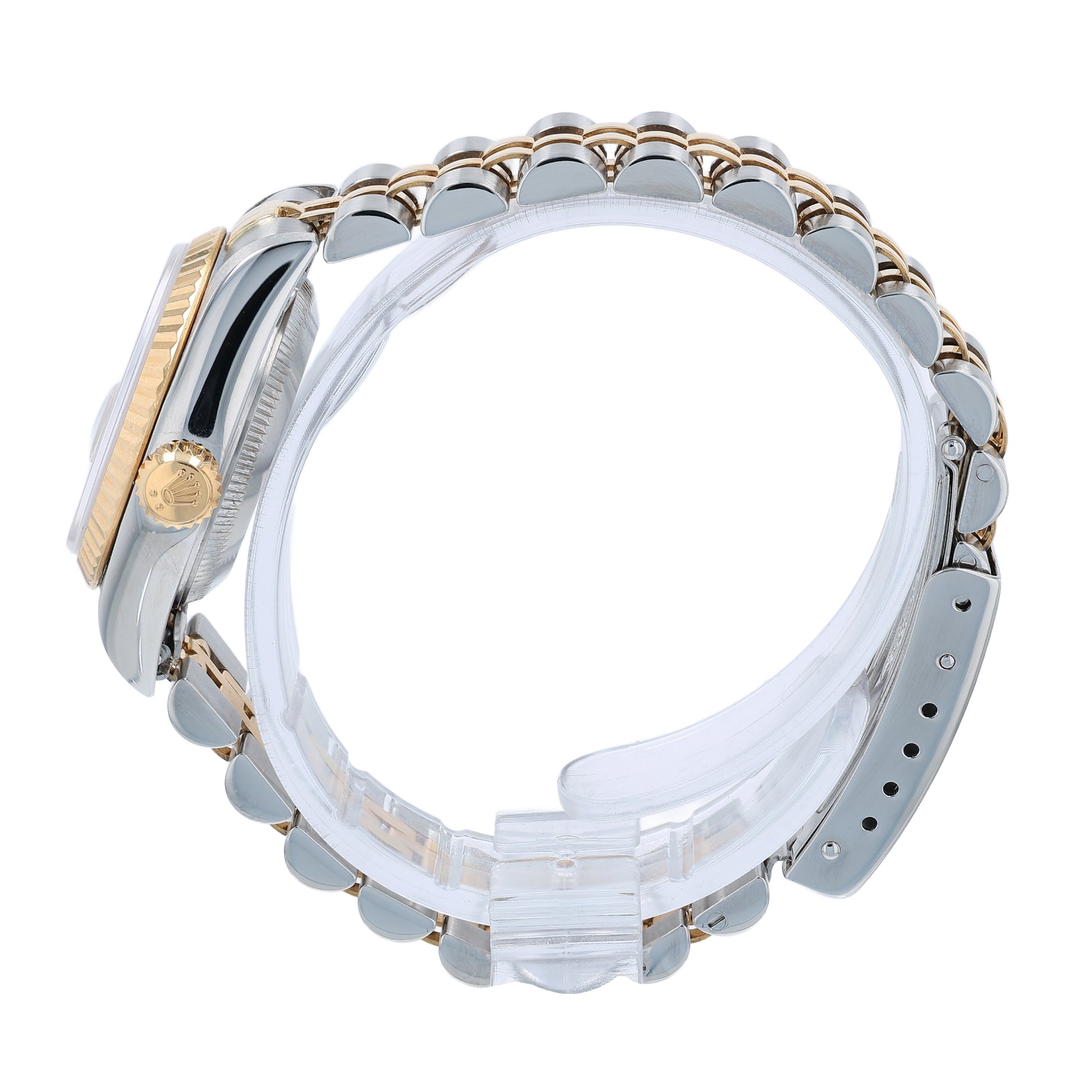 Side profile of a two-tone Rolex watch on a white background