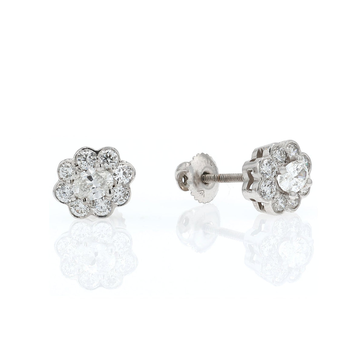 Estate 18k White Gold and 1.14ct Total Weight Diamond Cluster Stud Earrings
