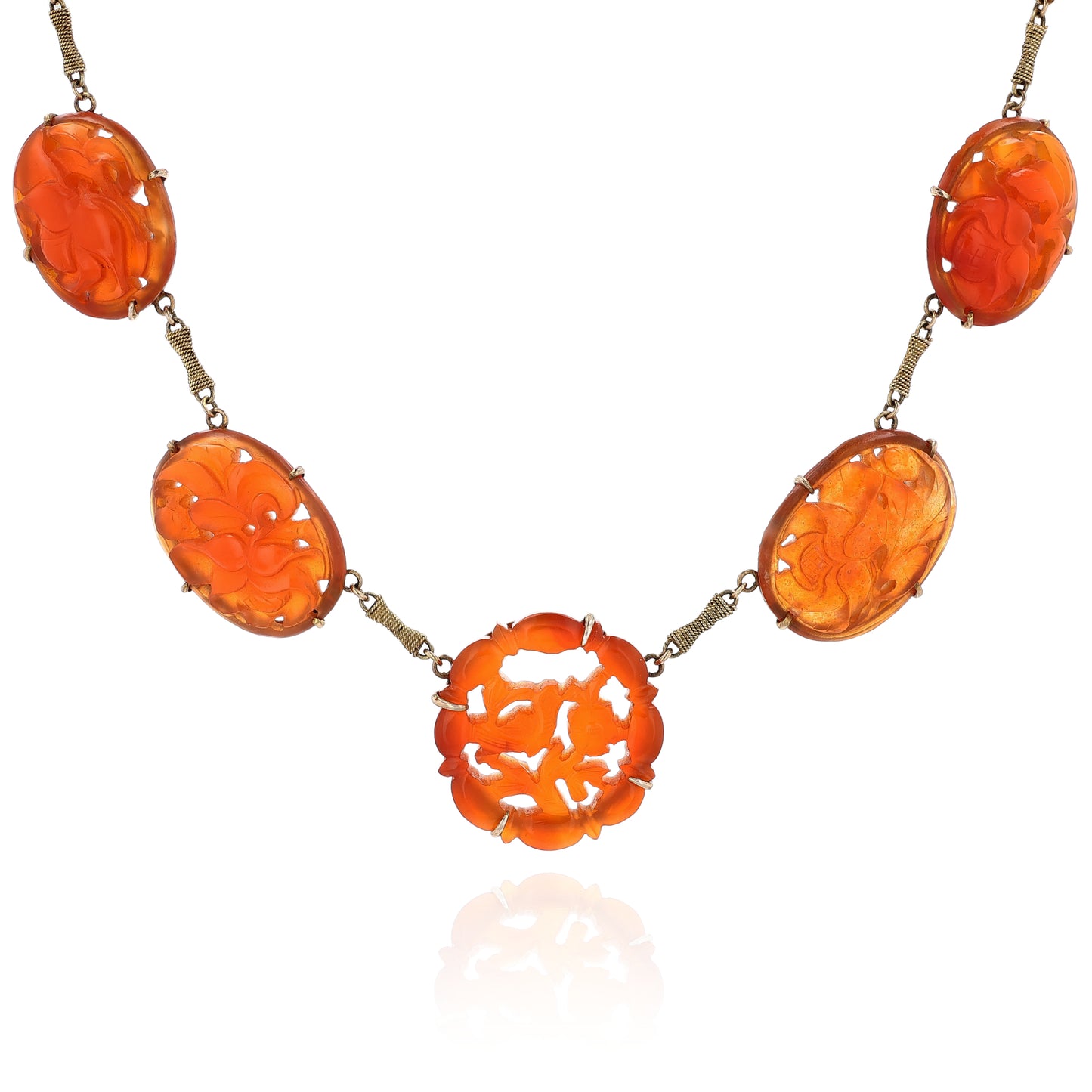 Estate 14k Yellow Gold Floral Carved Design Carnelian Station Necklace