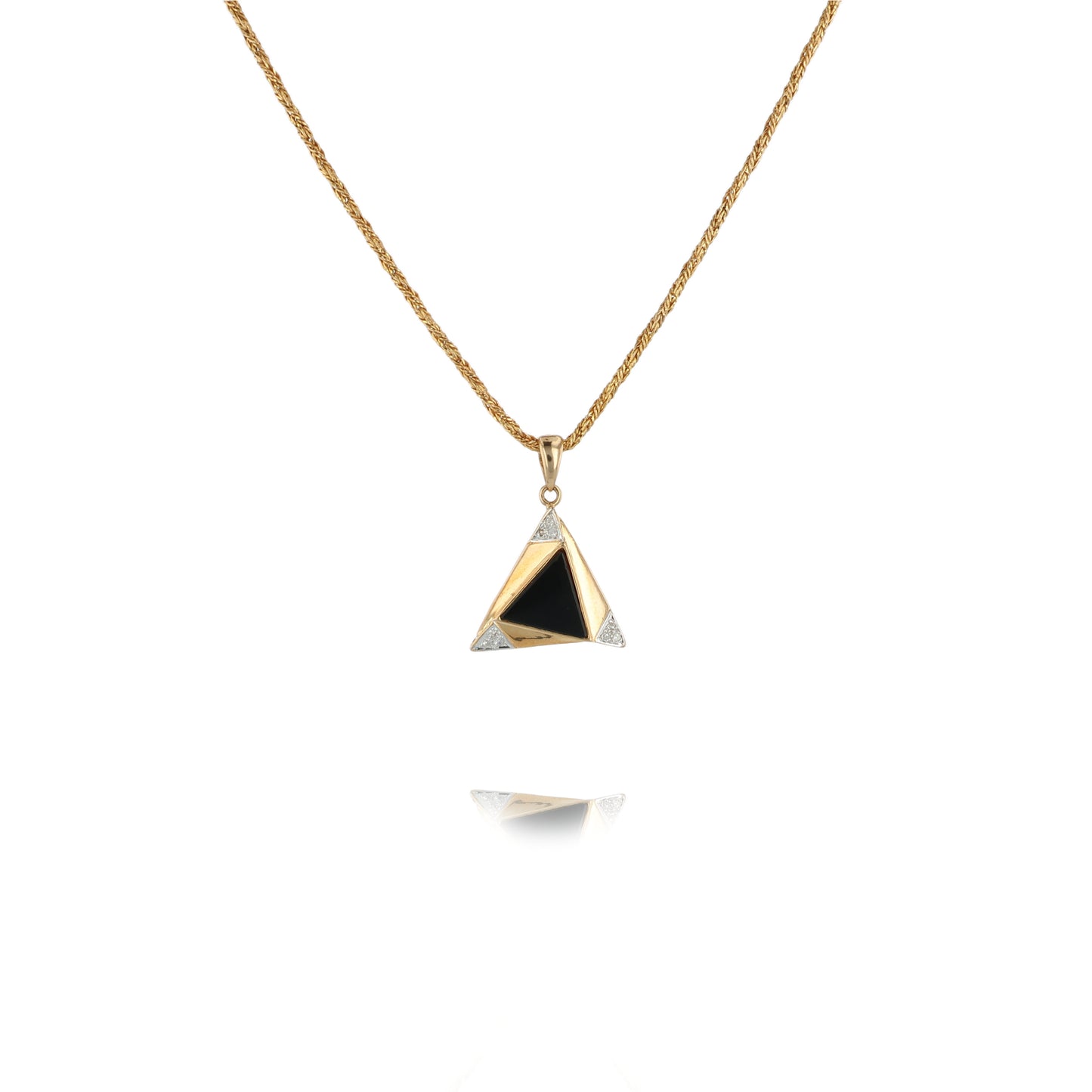 Estate 14k Yellow Gold Diamond and Onyx Triangle Pendant Necklace