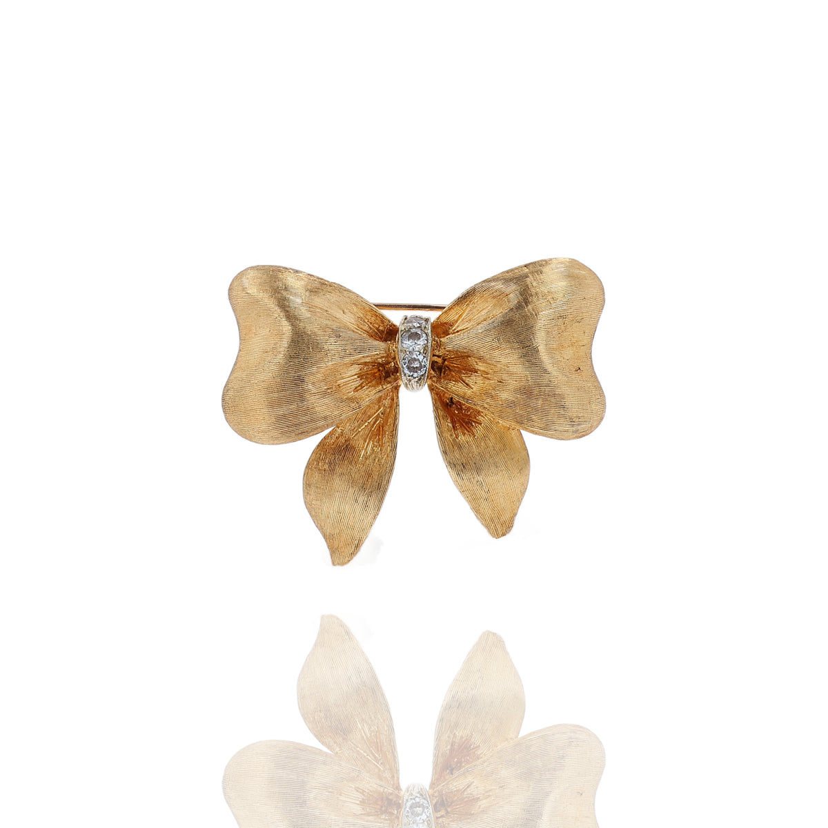 Estate 18k Two-Tone and Diamond Hand Textured Bow Pin