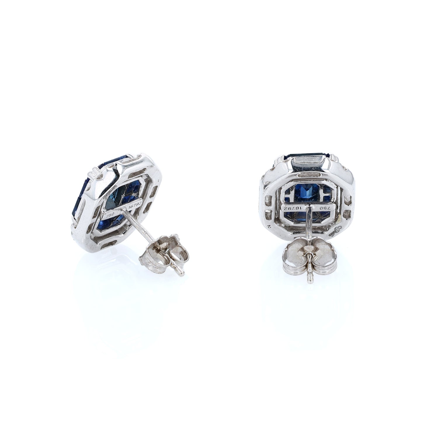 Sophia D. white gold stud earrings with sapphire center stones and diamond halos on a white background