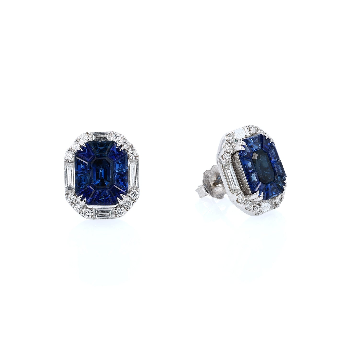 Sophia D. white gold stud earrings with sapphire center stones and diamond halos on a white background