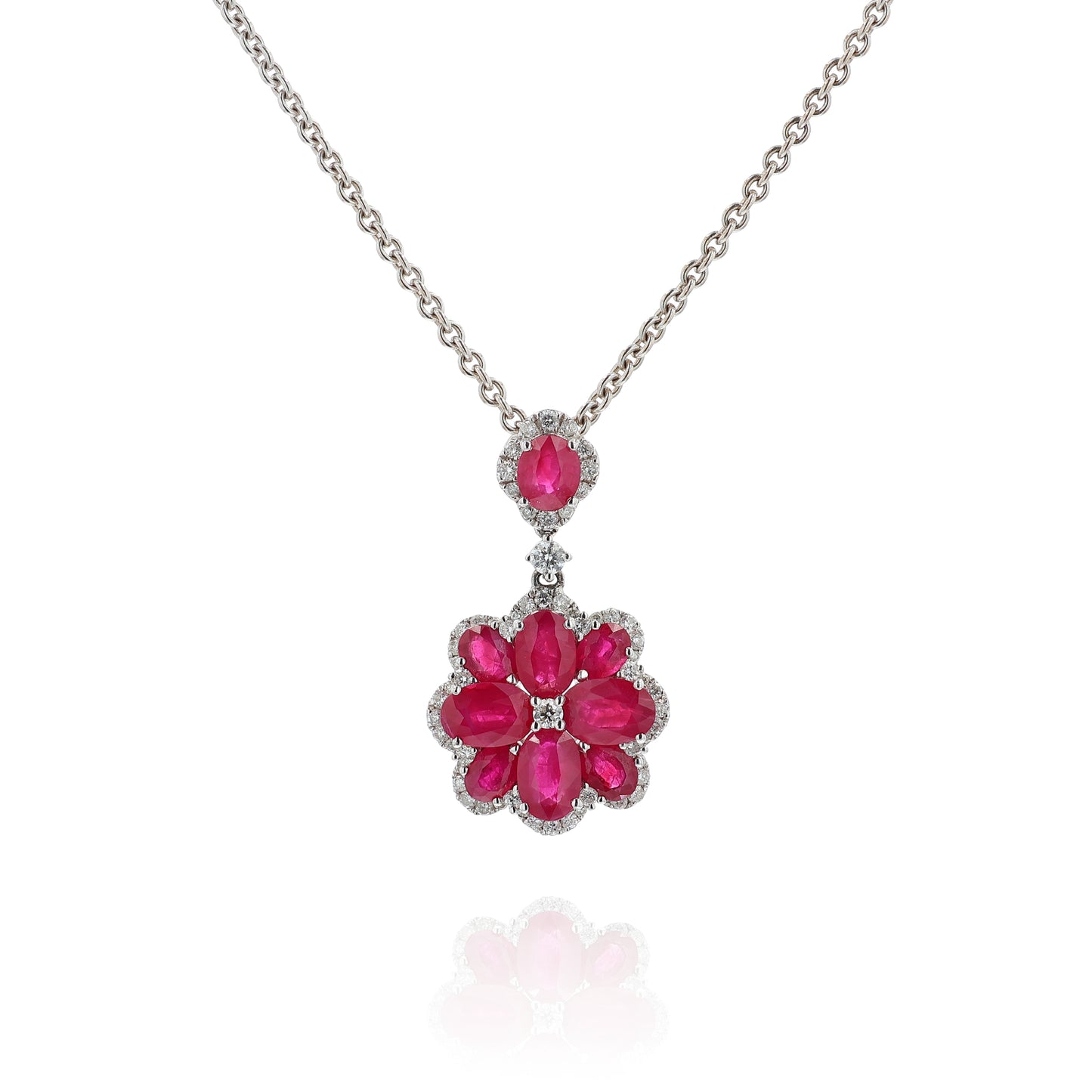 Estate 18k White Gold Flower Design Ruby and Diamond Halo Pendant Necklace
