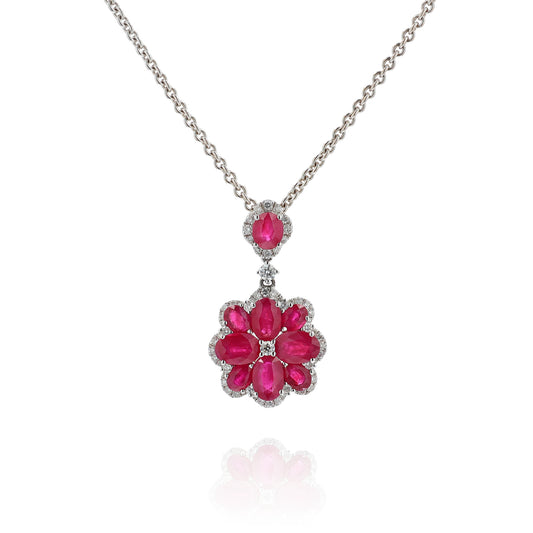Estate 18k White Gold Flower Design Ruby and Diamond Halo Pendant Necklace