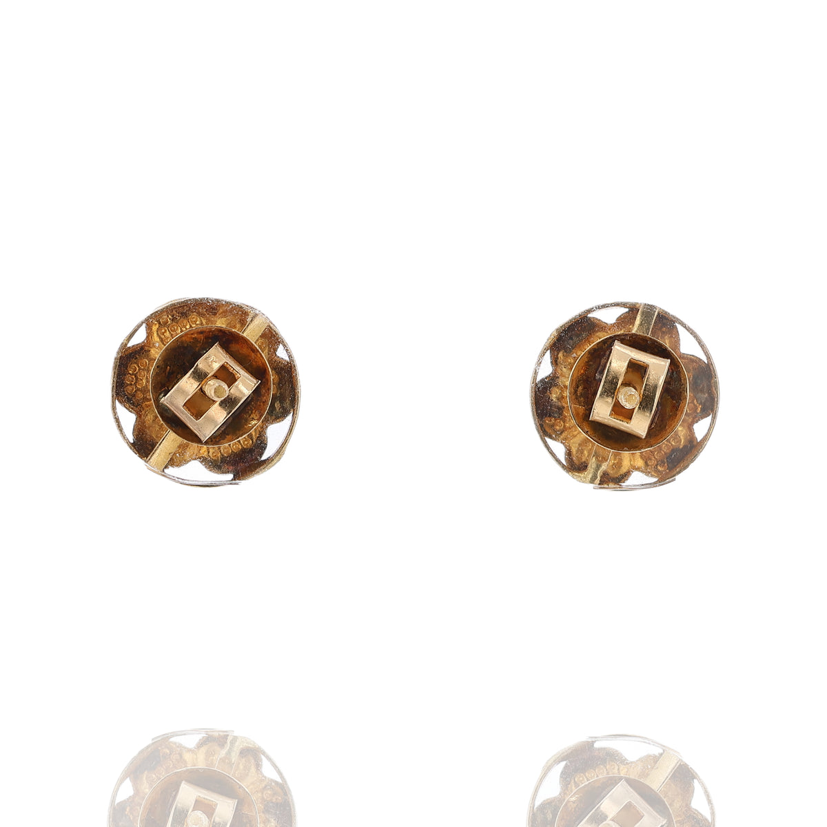 Estate 20k Yellow Gold and Red Enamel Screwback Flower Earrings