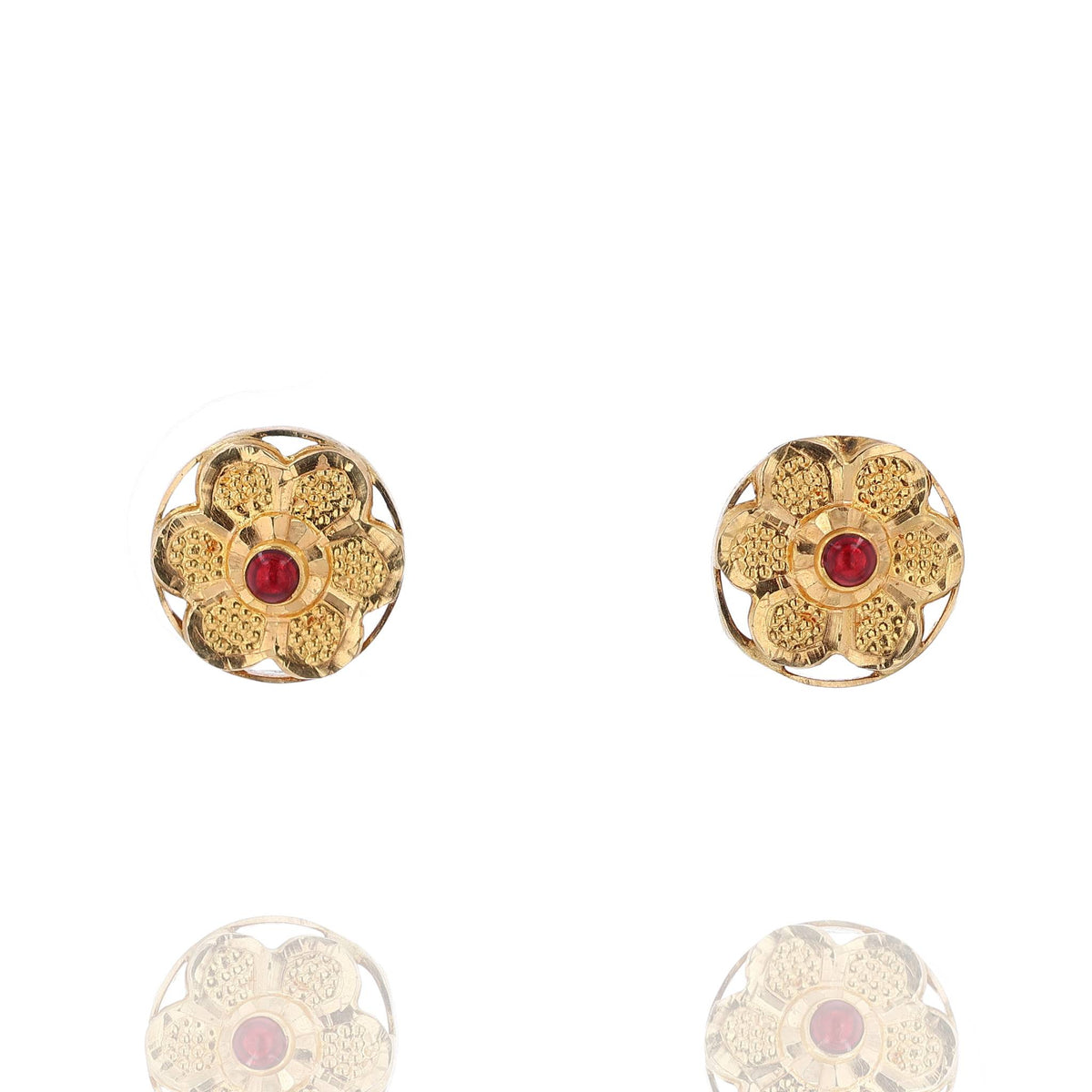 Estate 20k Yellow Gold and Red Enamel Screwback Flower Earrings
