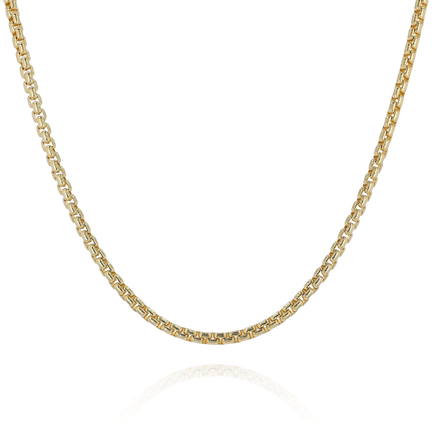 Yellow golf 3.8mm polished box link chain necklace on a white background