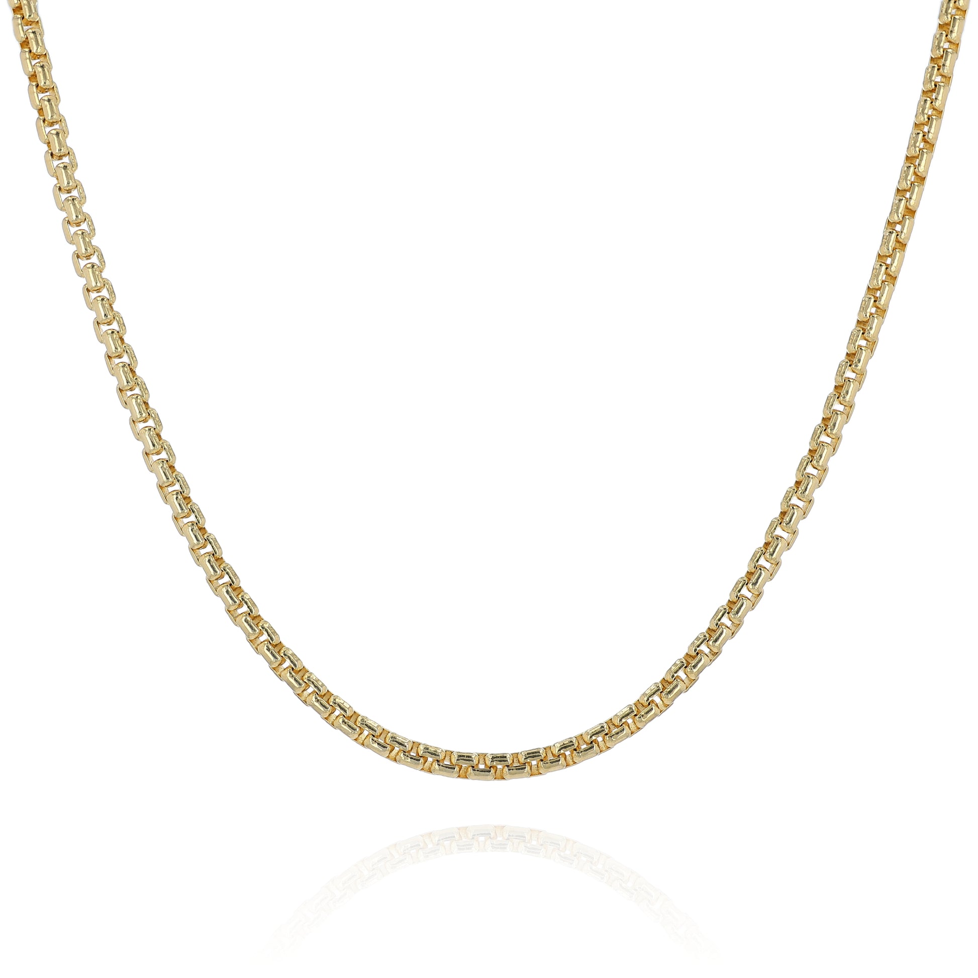 Yellow golf 3.8mm polished box link chain necklace on a white background