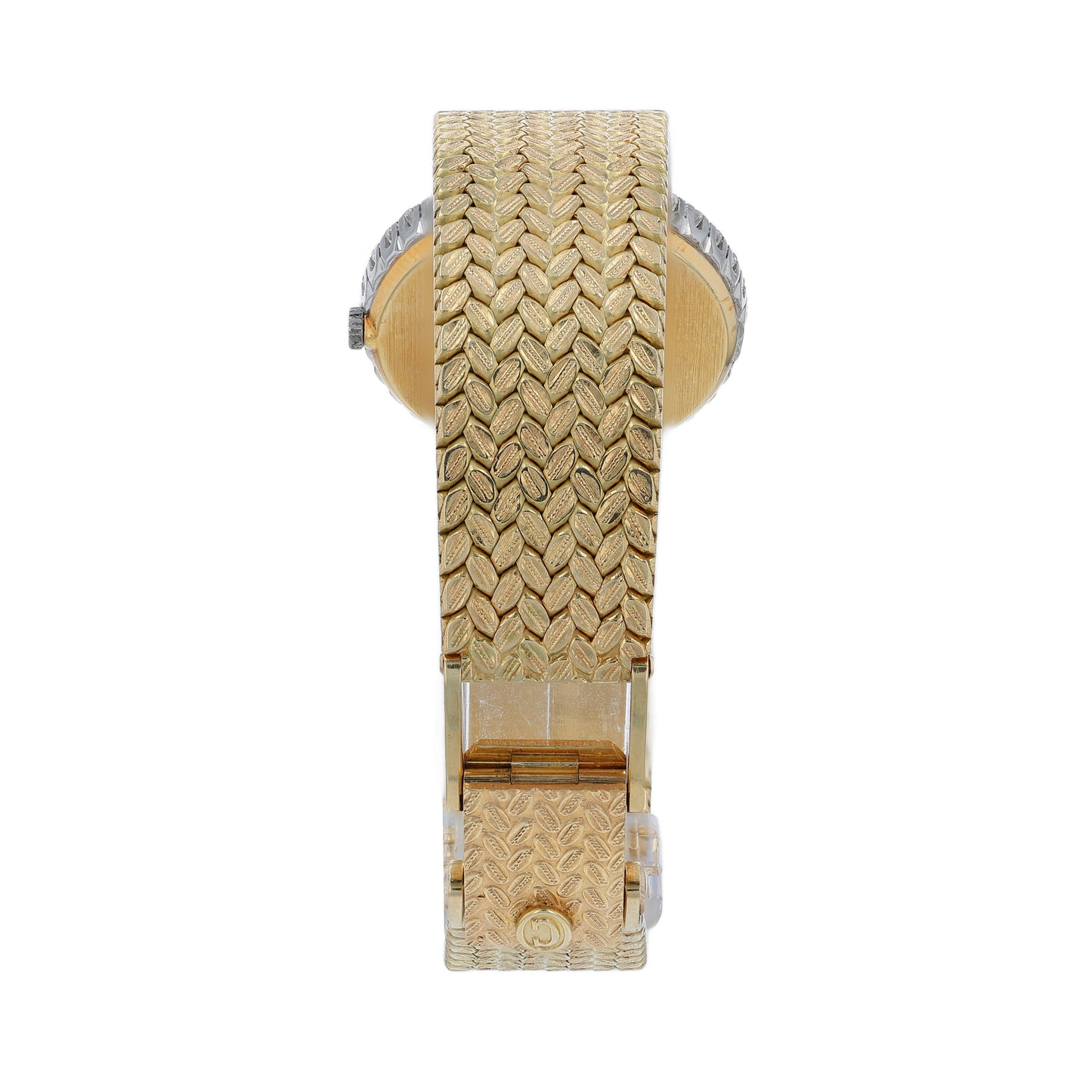Back angle of a two-tone watch with a basketweave bracelet on a white background