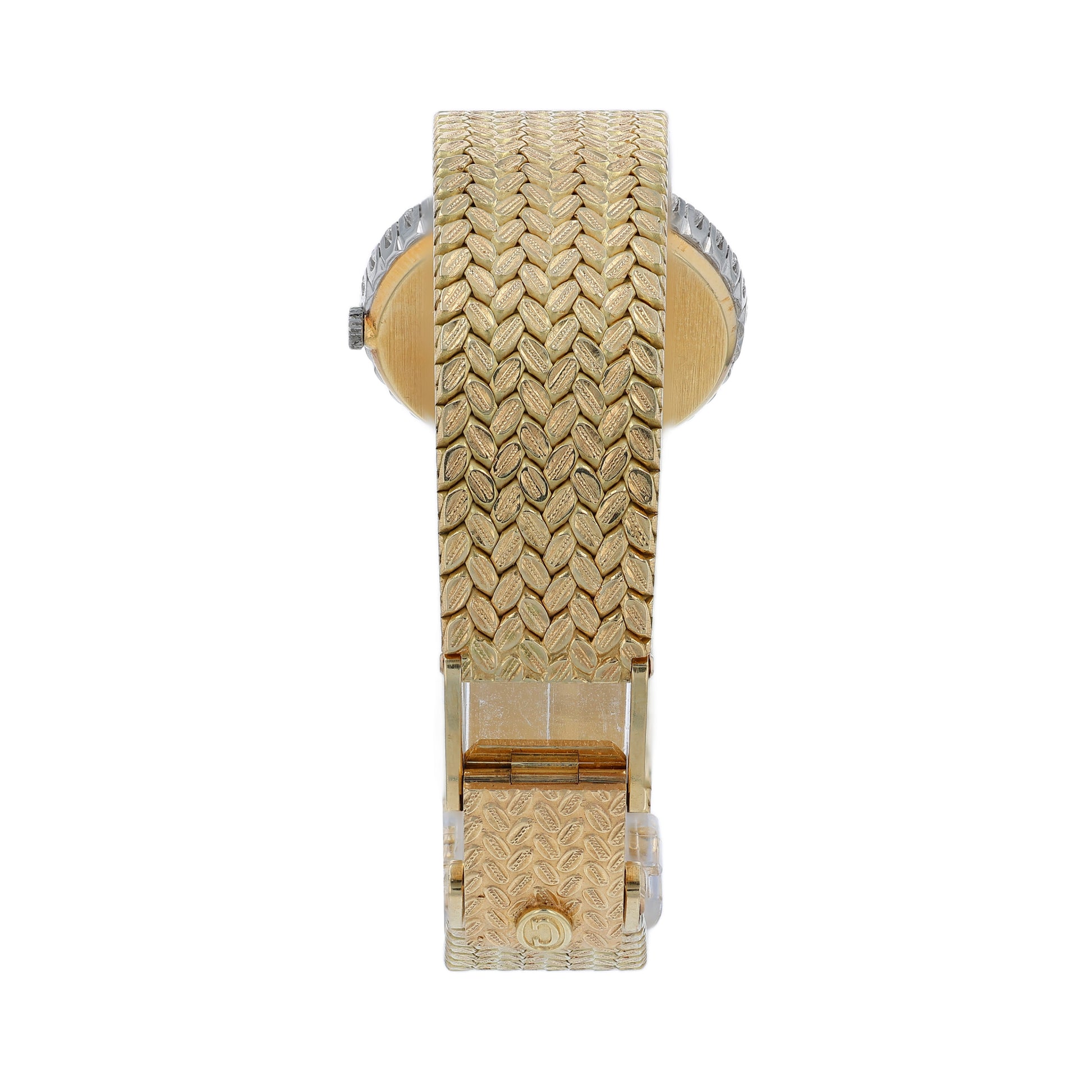 Back angle of a two-tone watch with a basketweave bracelet on a white background