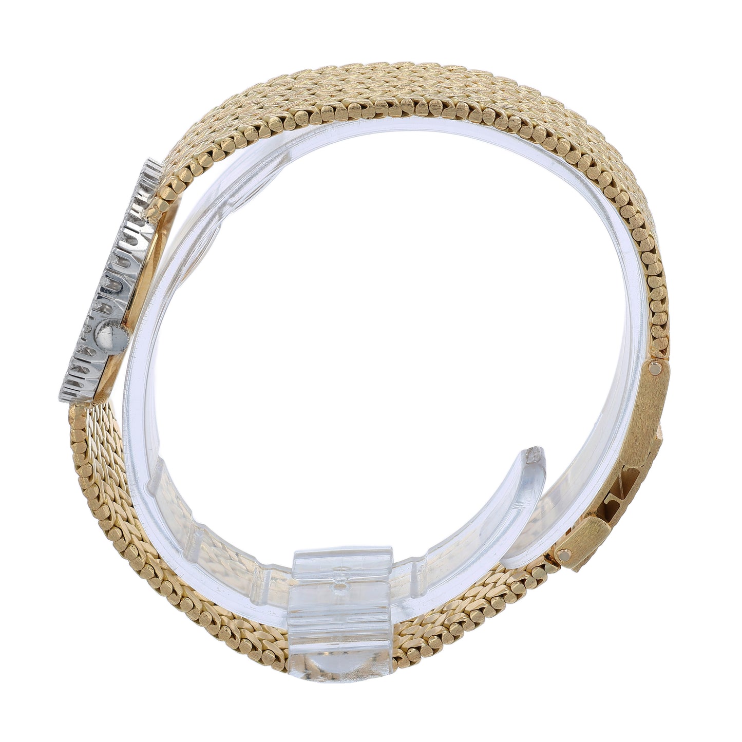 Side profile of a two-tone watch with a basketweave bracelet on a white background