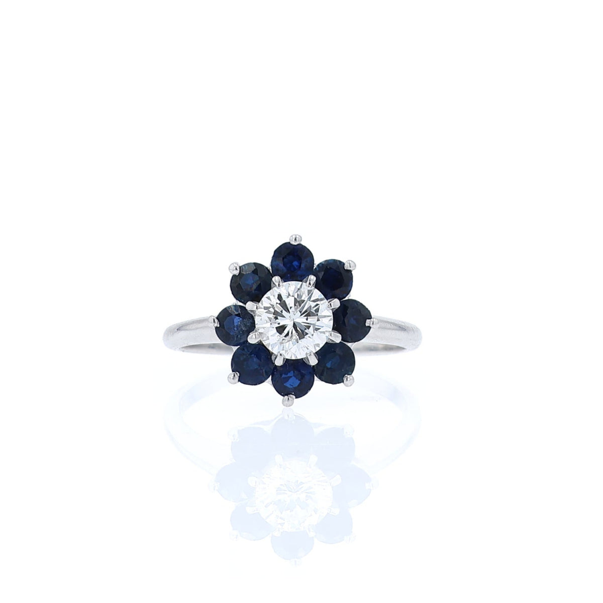 Estate 14k White Gold Brilliant Round Diamond and Sapphire Ring