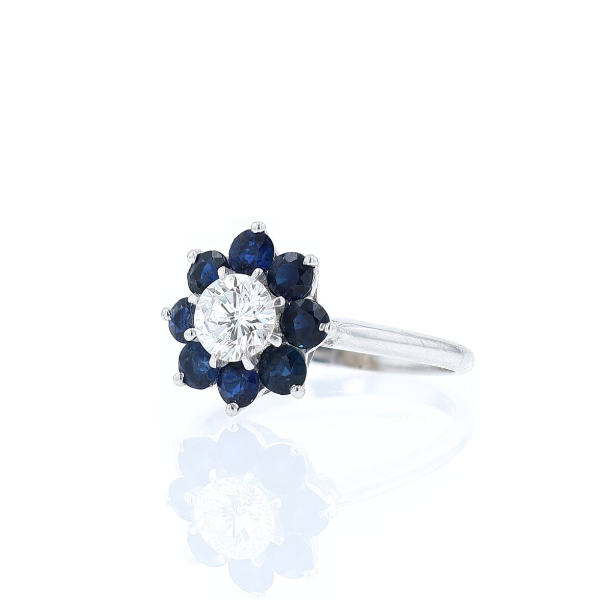 Estate 14k White Gold Brilliant Round Diamond and Sapphire Ring