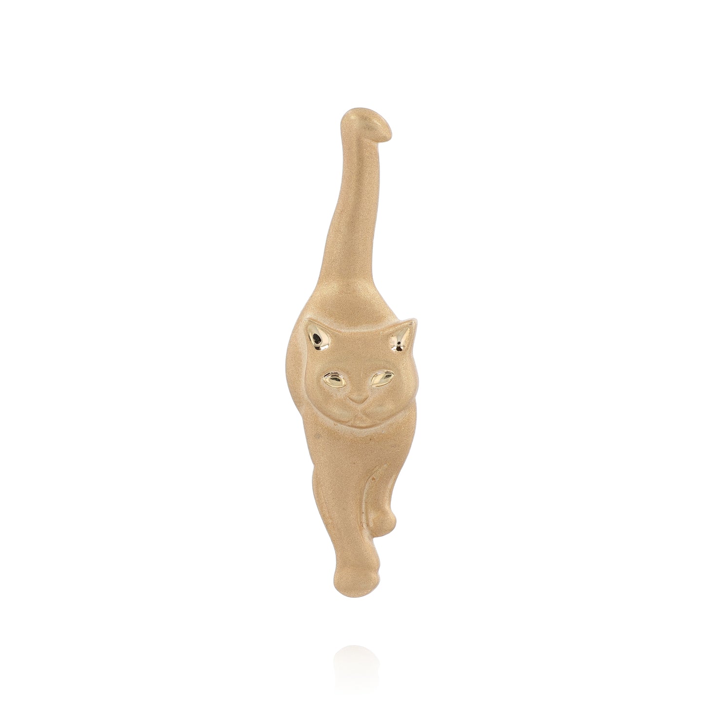 Brushed yellow gold interchangeable pin and pendant of a walking cat on a white background