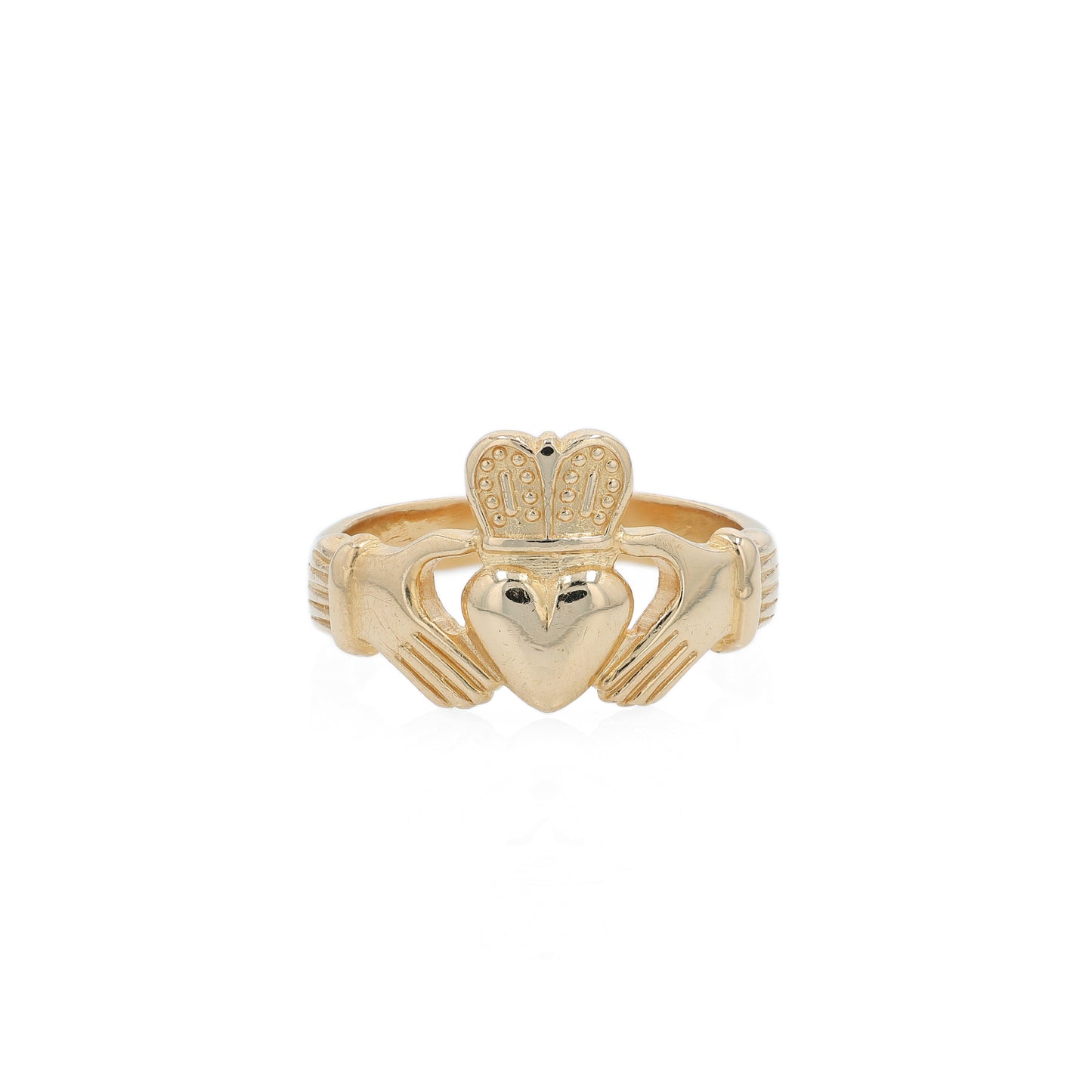 Yellow gold gents Claddagh ring on a white background