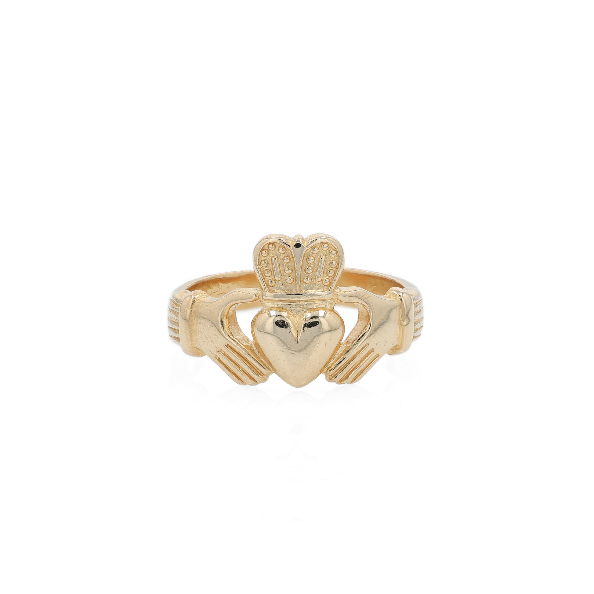 Yellow gold gents Claddagh ring on a white background