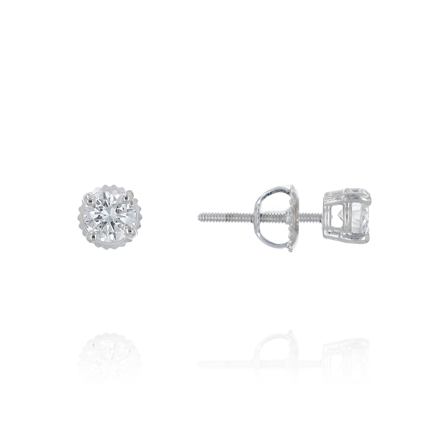 Pair of white gold round diamond stud earrings on a white background