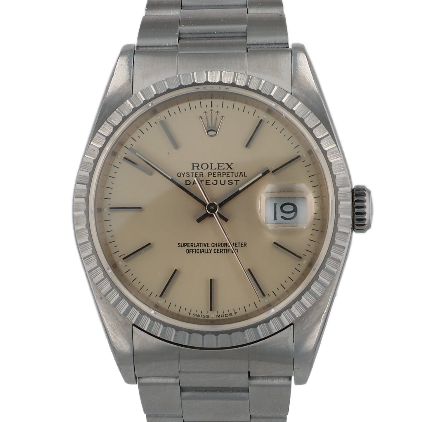 Estate Rolex Stainless Steel Gents Oyster Perpetual Date Just Silver Dial Engine Turned Bezel Oyster Bracelet 16220 With Box And Paper C.1991