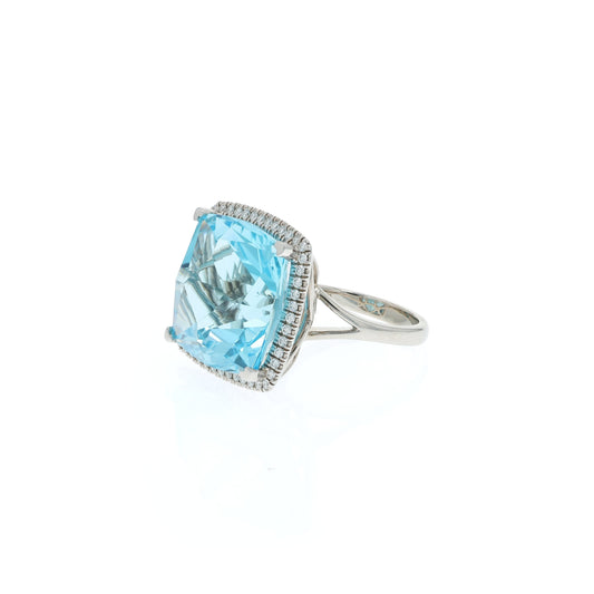 Lisa Nik 18k Blue Topaz and Diamond Halo Ring