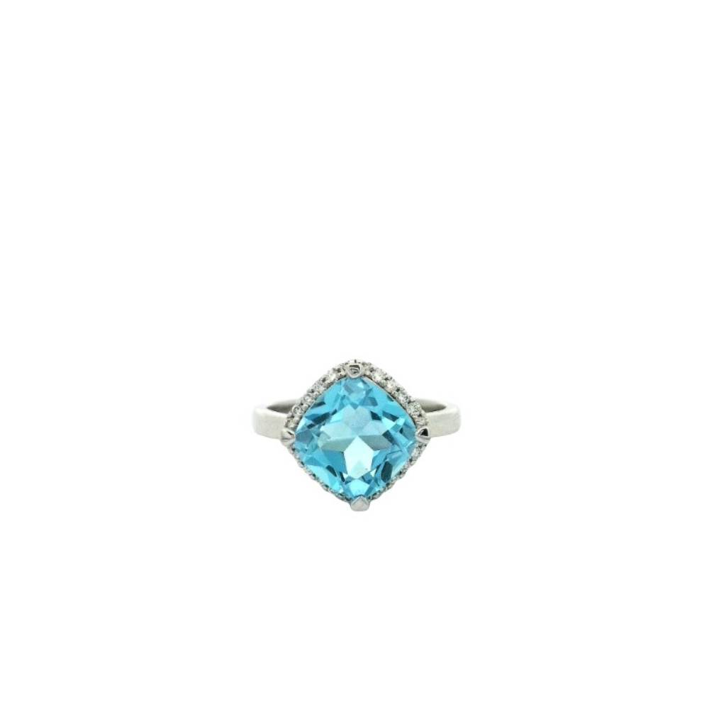 Lisa Nik 18k White Gold Cushion Cut Swiss Blue Topaz Diamond Halo Ring